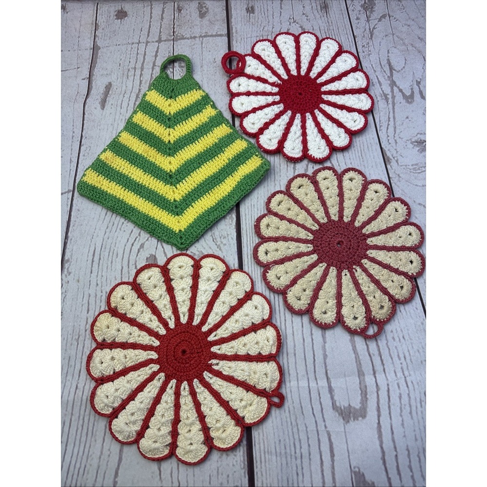 Hand Crocheted Hot Pads Potholders Flower & Tree Shaped Trivets Vintage Lot of 4